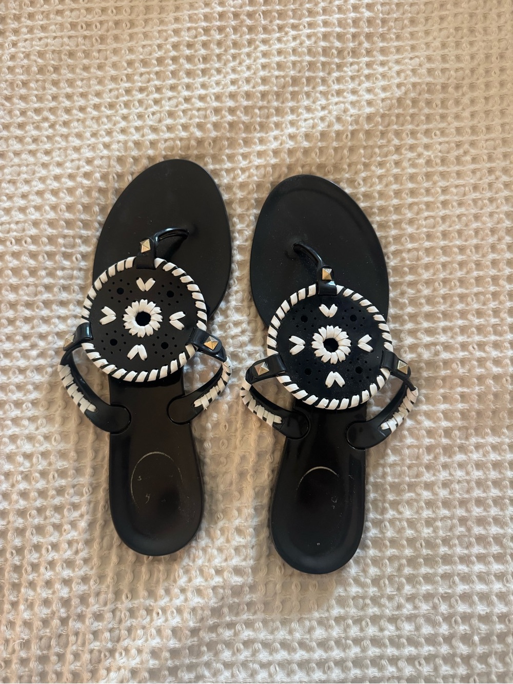 Jack Rogers Black and White Braided Medallion Thong Sandals